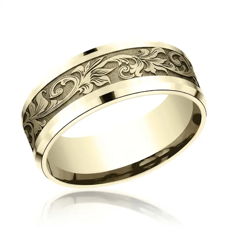 14K yellow gold 8mm. same as picture Benchmark-8mm-Comfort-Fit-Victorian-Flora-Design-B - alternate view 3