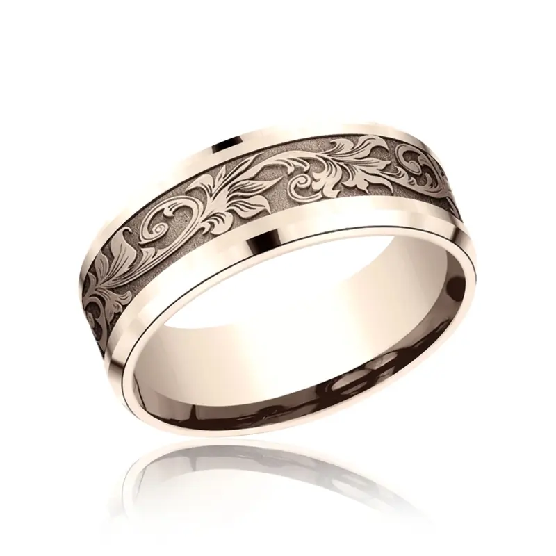 14K pink gold 8mm. same as picture Benchmark-8mm-Comfort-Fit-Victorian-Flora-Design-B - alternate view 4