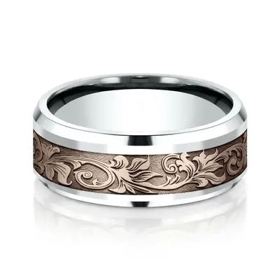14K white-pink-white gold 8mm. same as picture Benchmark-8mm-Comfort-Fit-Victorian-Flora-Design-B - alternate view 7 thumbnail