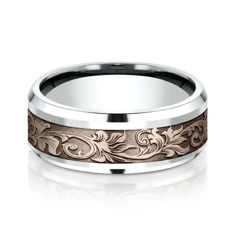 14K white-pink-white gold 8mm. same as picture Benchmark-8mm-Comfort-Fit-Victorian-Flora-Design-B - alternate view 7