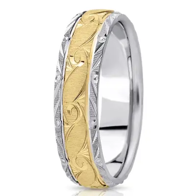 10K white-yellow-white gold 7mm. cross satin fancy-carved-diamond-cut-wedding-ring - alternate view 7 thumbnail