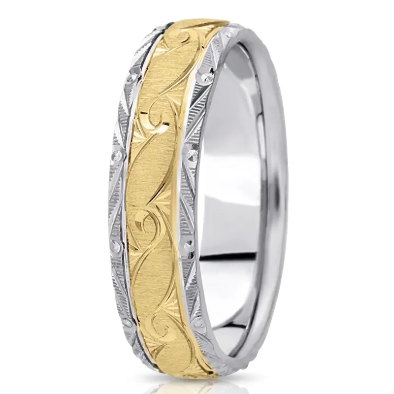 10K white-yellow-white gold 7mm. cross satin fancy-carved-diamond-cut-wedding-ring - alternate view 7