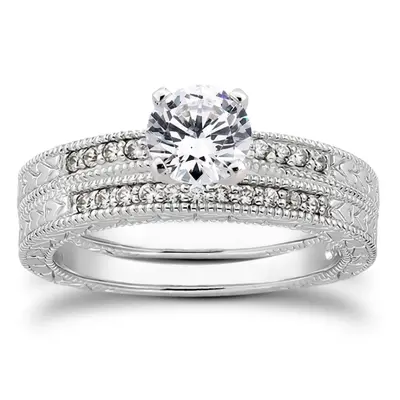 14K white gold Pave Set Antique Diamond Bridal Ring (0.06 ct. tw.) - alternate view 3 thumbnail