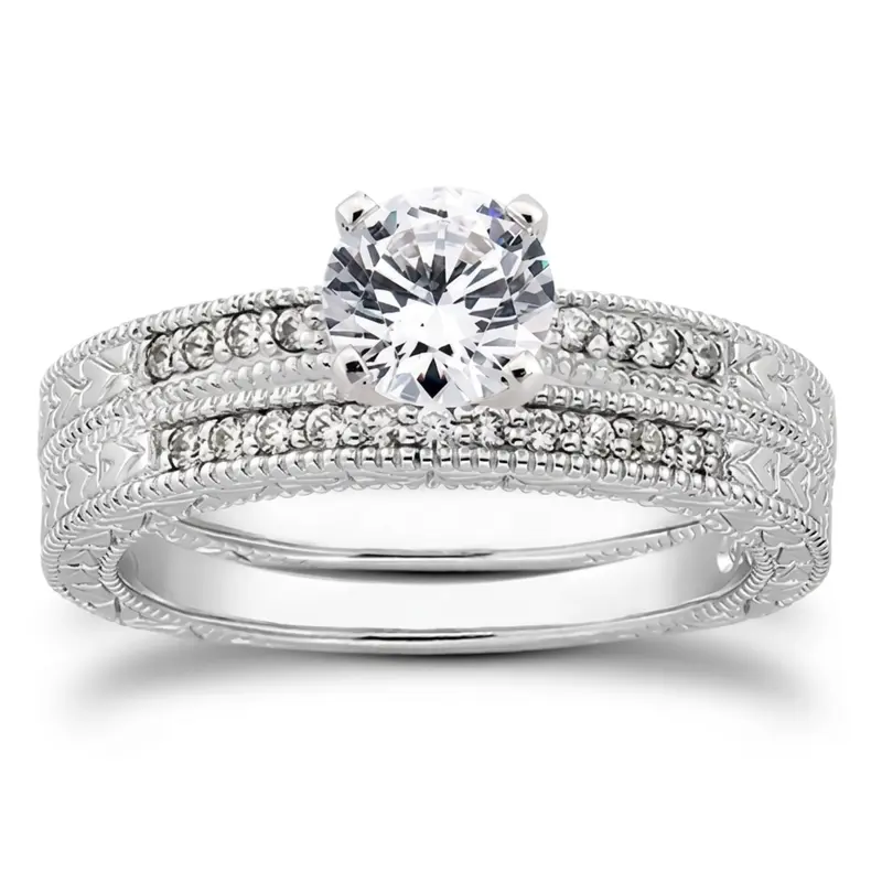14K white gold Pave Set Antique Diamond Bridal Ring (0.06 ct. tw.) - alternate view 3