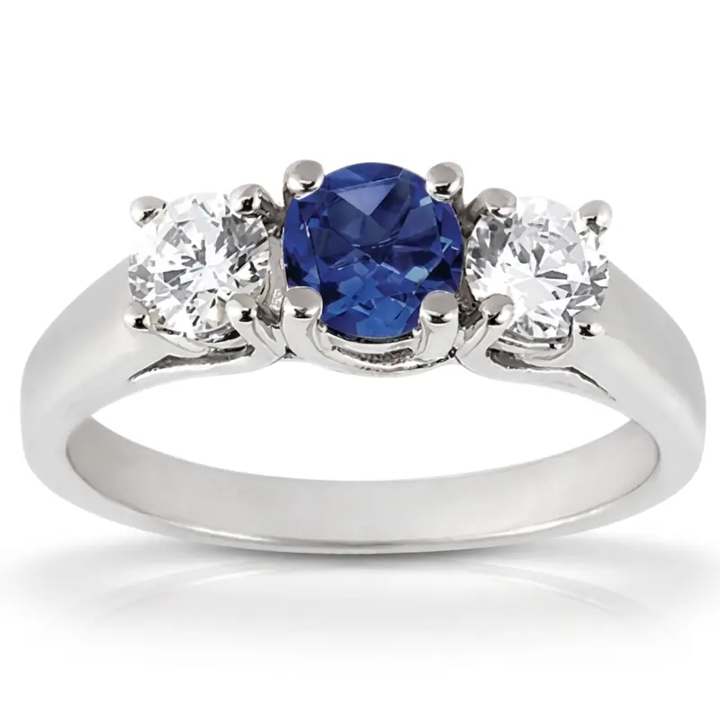18K white gold Three Stone Engagement Ring Trellis Setting Sapphire Center ( 0.20 ct. tw.) - main view