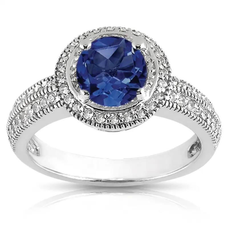 14K white gold Pave Set Mill Grained Halo Sapphire Center Engagement ring ( 0.26 ct. tw.) - main view