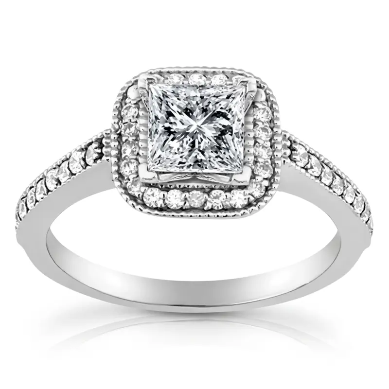 14K white gold Halo Style Square Center Shared Prong Diamond Engagement Ring(0.32 ct. tw.) - alternate view 3