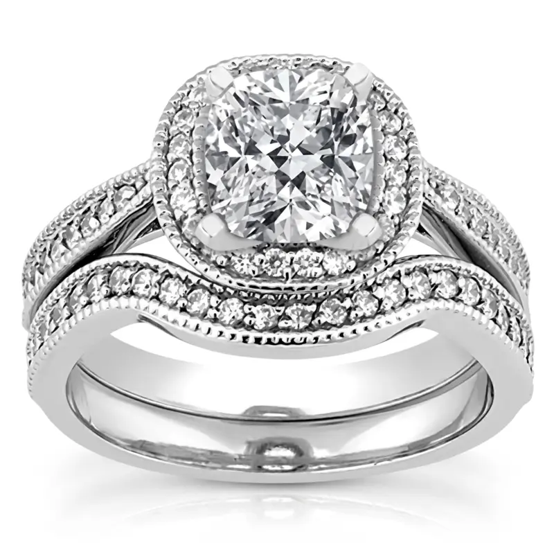 14K white gold Mill Grained Edge Halo Style Cushion Diamond Engagement Ring (0.29 ct. tw.) - main view