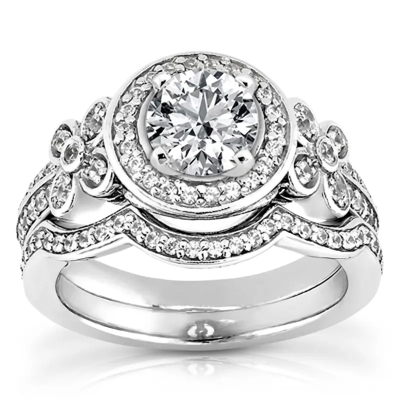 14K white gold Halo Diamond Engagement Ring With Floral Design ( 0.35 ct. tw.) - main view