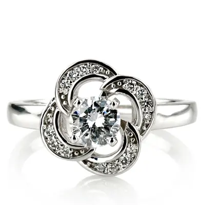 14K white gold Floral Halo Bead Set Diamond Engagement Ring (0.12 ct. tw.) - alternate view 4 thumbnail