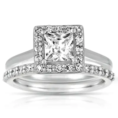 Halo Style Bead Set Diamond Engagement Ring Princess Cut Center