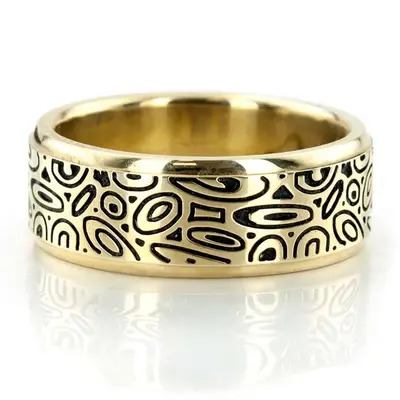 10K yellow gold 8mm. satin Marbling-Pattern-Designer-Wedding-Band - main view thumbnail
