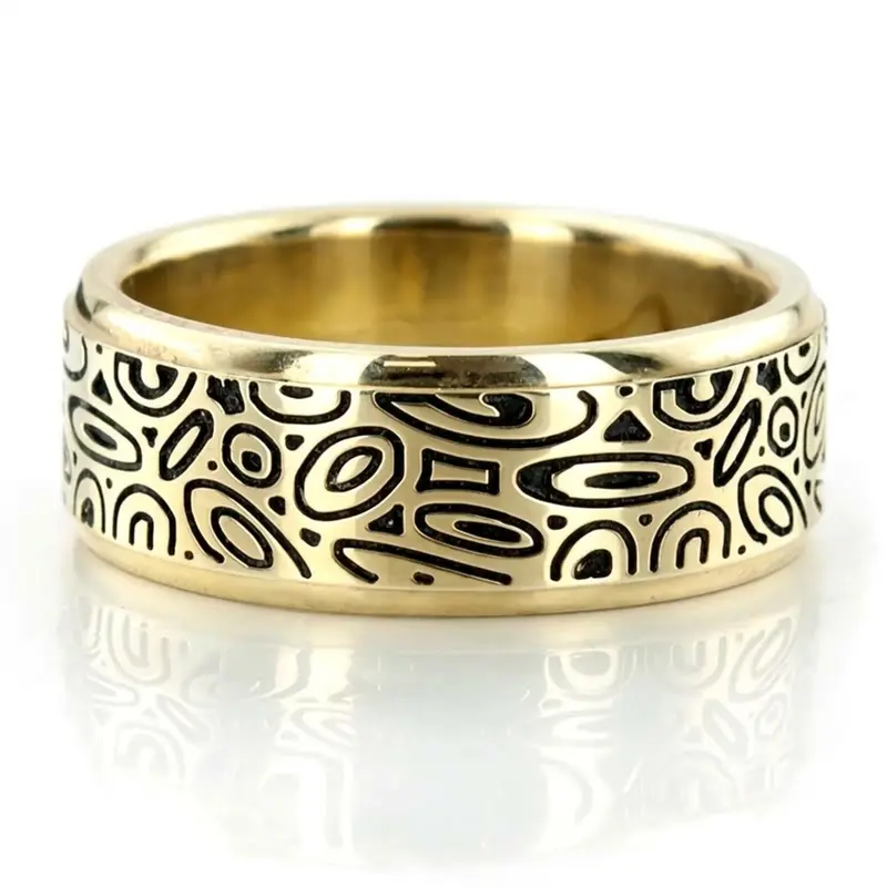 10K yellow gold 8mm. satin Marbling-Pattern-Designer-Wedding-Band - main view