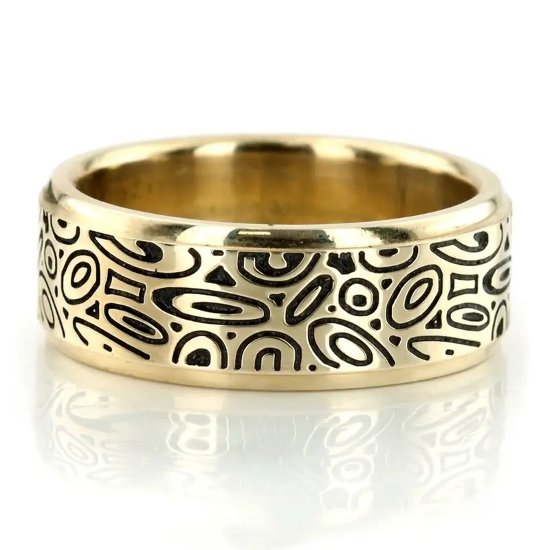 10K yellow gold 8mm. satin Marbling-Pattern-Designer-Wedding-Band - alternate view 2