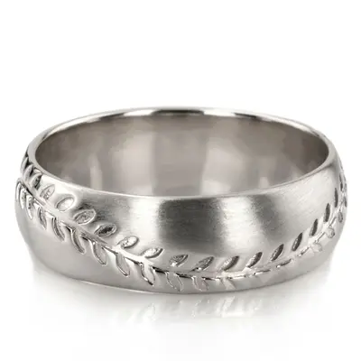 10K white gold 7mm. satin Baseball-Design-Wedding-Ring - main view thumbnail