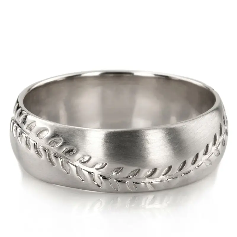 10K white gold 7mm. satin Baseball-Design-Wedding-Ring - main view