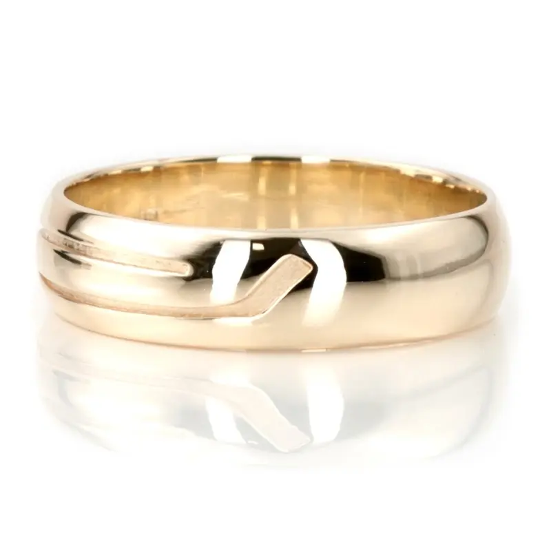 14K yellow gold 7mm. high polish Hockey-Stick-Design-Wedding-Ring - alternate view 3