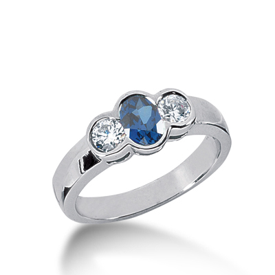 Three Stone Bezel Set Diamond & Oval Sapphire Ring (0.30 ct.tw.)