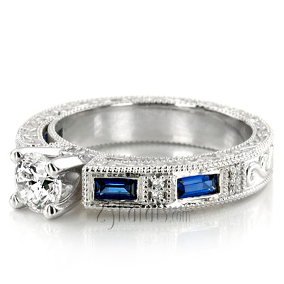 Nostalgic Blue Sapphire And Diamond Engraving Engagement Ring