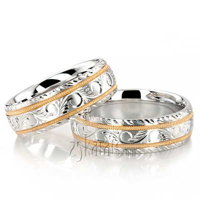 Chic Hand Engraved Milgrain Wedding Band Set