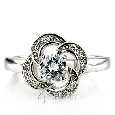 Floral Halo Bead Set Diamond Engagement Ring and Matching Band 