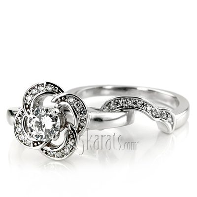 Floral Halo Bead Set Diamond Engagement Ring and Matching Band 