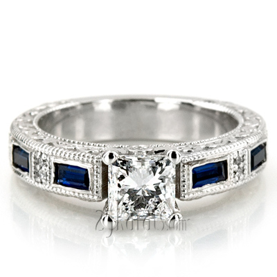 Nostalgic Blue Sapphire And Diamond Engraving Engagement Ring