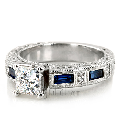 Nostalgic Blue Sapphire And Diamond Engraving Engagement Ring