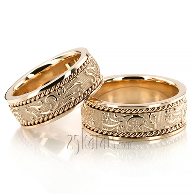 Floral Carved Antique Wedding Band Set