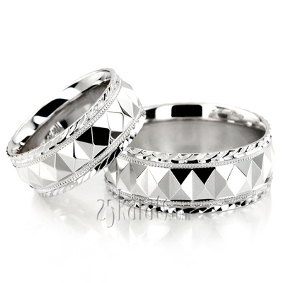 Fish Scale Style Edge Diamond Cut Wedding Ring Set