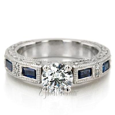 Nostalgic Blue Sapphire And Diamond Engraving Engagement Ring