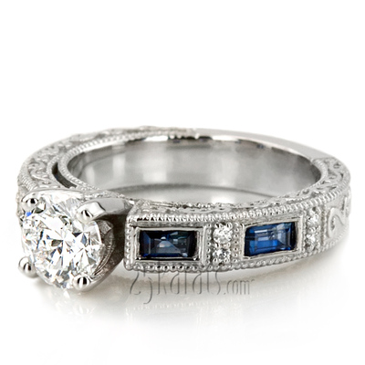 Nostalgic Blue Sapphire And Diamond Engraving Engagement Ring