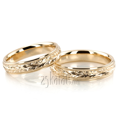 Leaf Design Fancy Carved Wedding Band Set