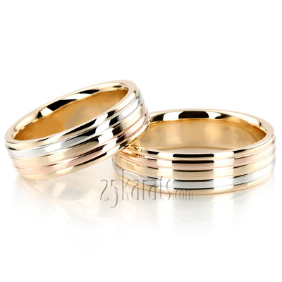 Grooved Tri-Color Fancy Designer Wedding Ring Set