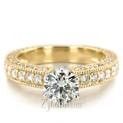 Prong Set Antique Diamond Bridal Ring and Milgrain Edge Round Cut Prong Set