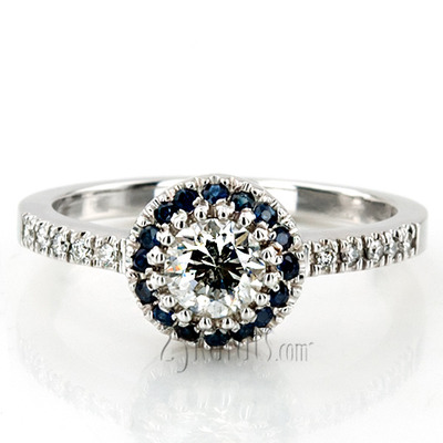 Classic Halo Engagement Ring With Sapphire And Diamond Accent Stones