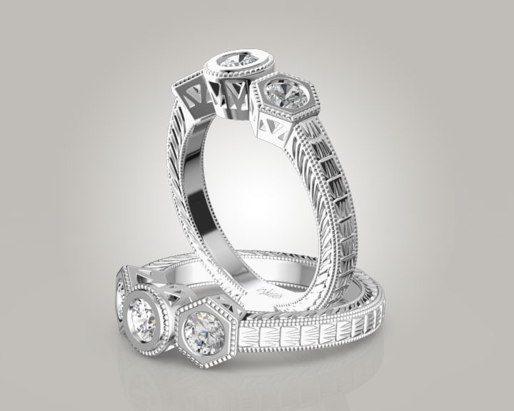 Three Stone Antique Bezel Set Diamond Engagement Ring (1.00 ct. tw.) 360° view