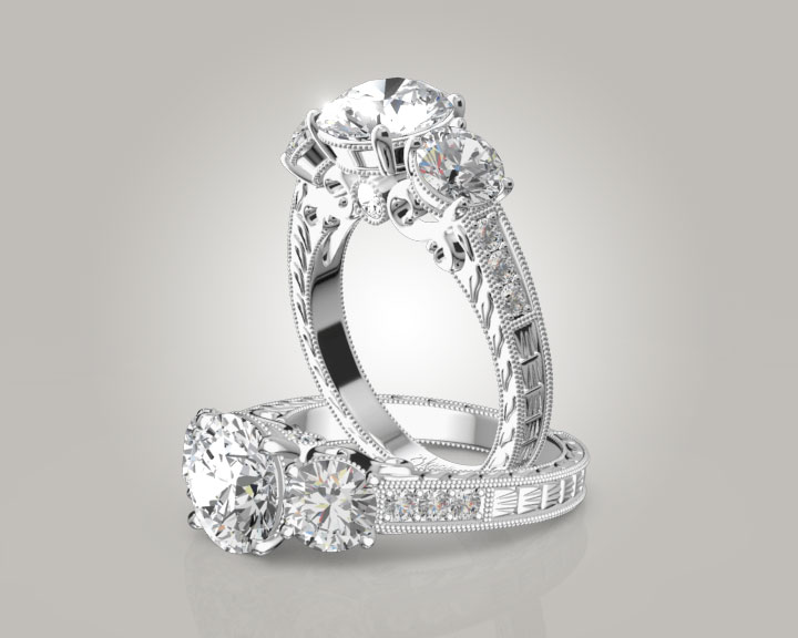 Three Stone Antique Inspired Diamond Engagement Ring (1 1/10 ct. tw.) 360° view