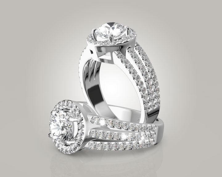 Split Trio Shank Pave Set Halo Engagement Ring (3/4 ct. tw.) 360° view