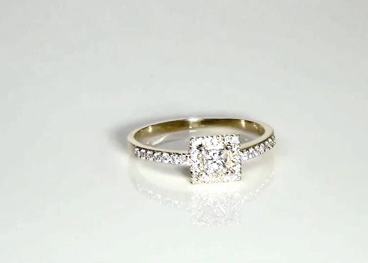 Halo Style bead Set Emerald Cut Center  Diamond Engagement Ring ( 0.35 ct. tw.) 360° view